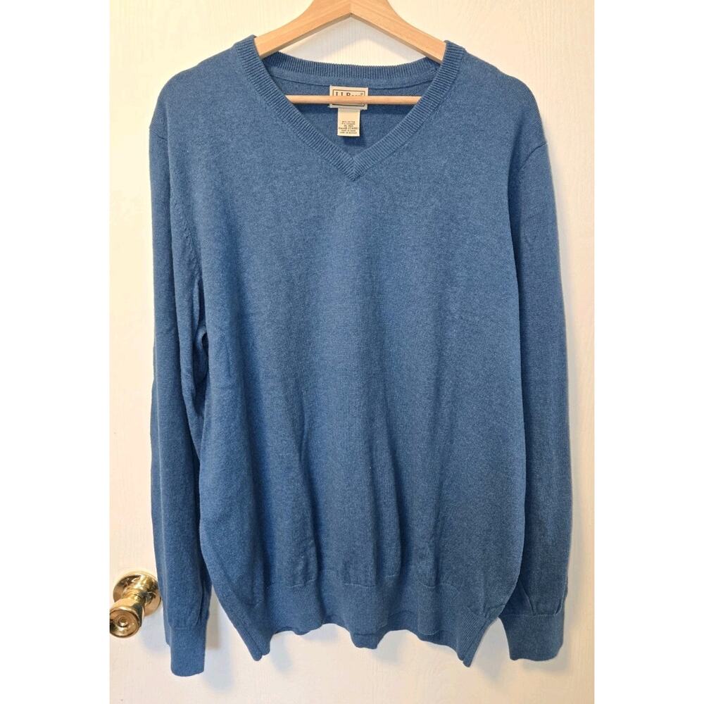 L.L. Bean V-Neck Sweater Mens XL Blue Cotton Cashmere Blend Lightweight Classic